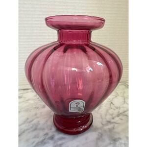 Pilgrim Glass Cranberry Pink Optic Ribbed Bulbous Vase Handblown West Virginia
